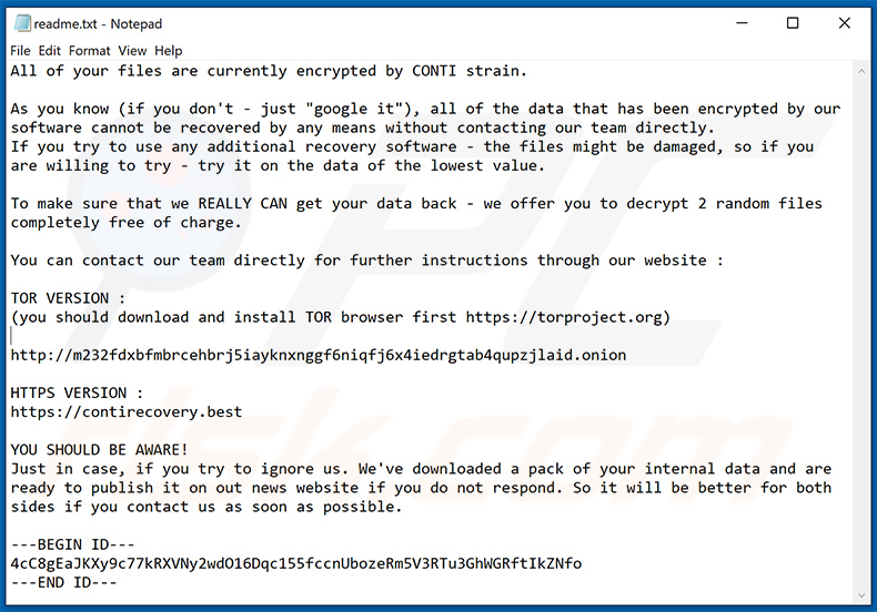 Screenshot di una richiesta di riscatto consegnata da un'altra variante del ransomware CONTI (estensione 