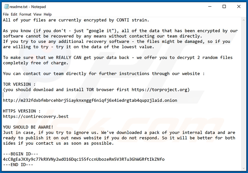 Screenshot di una richiesta di riscatto consegnata da un'altra variante del ransomware CONTI (estensione 
