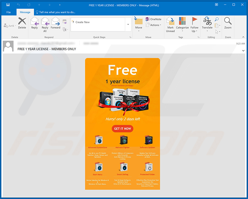 Screenshot dell'e-mail di IObit utilizzata per diffondere il malware DeroHE