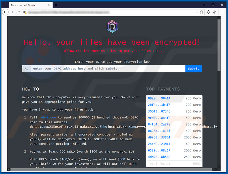 Screenshot del sito web Tor di DeroHE ransomware