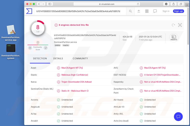 Rilevamenti dell'adware DominantPartition su VirusTotal