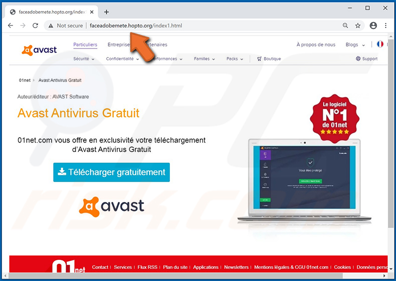 Screenshot del sito Web di download di Avast falso (faceadobemete.hopto[.]org)