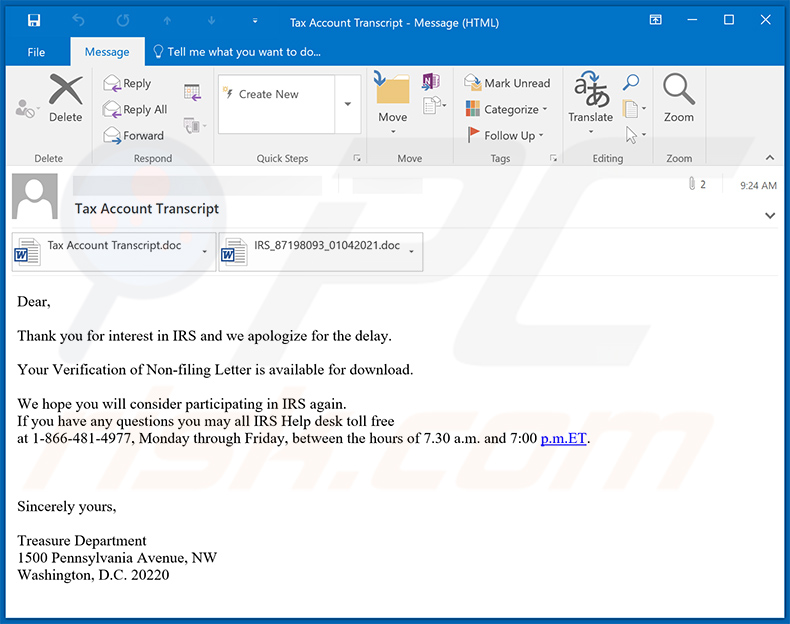 Un altro esempio di e-mail di spam a tema IRS utilizzata per diffondere malware (Emotet) tramite un documento MS Word dannoso allegato:
