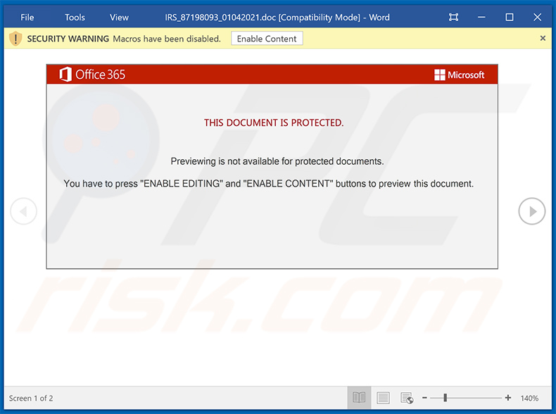 Documento MS Word dannoso utilizzato per diffondere il malware Emotet (distribuito tramite e-mail di spam a tema IRS)