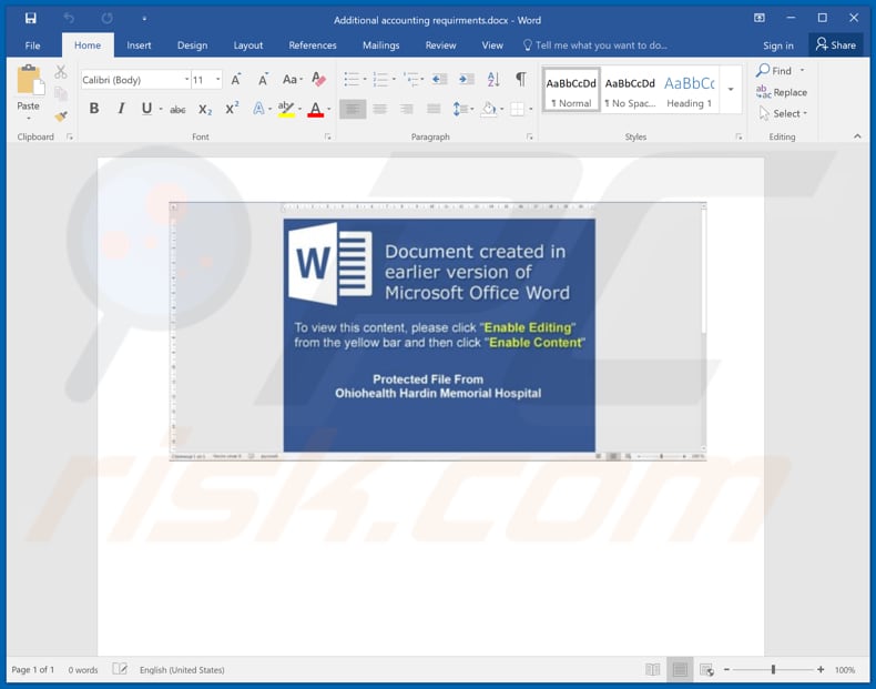 Documento MS Word dannoso utilizzato per la distribuzione del ransomware Locks