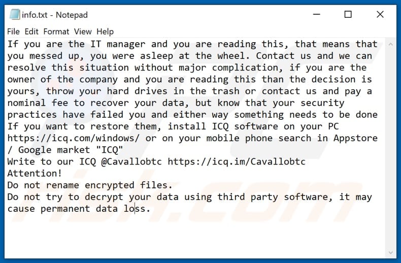 PAYMENT ransomware file di testo (info.txt)