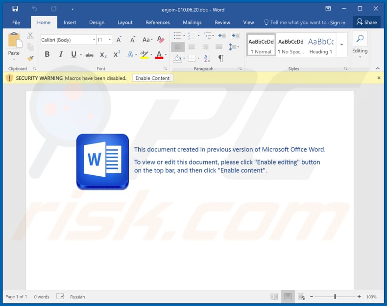 Documento MS Word dannoso utilizzato per la distribuzione di RansomExx (e altri malware)