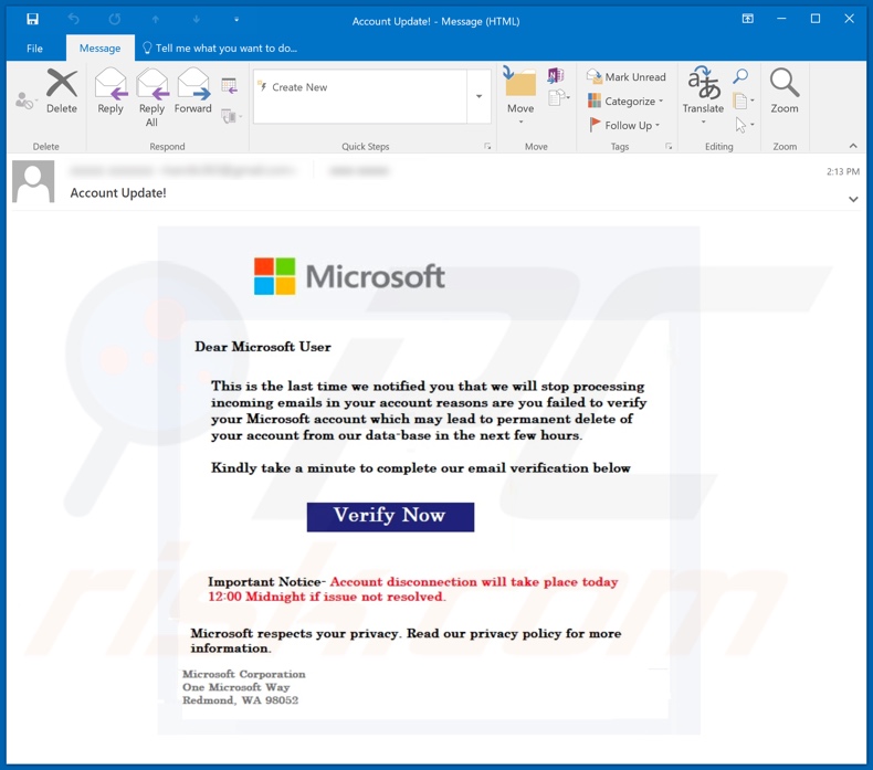 Verify Microsoft Accountcampagna di spam via e-mail