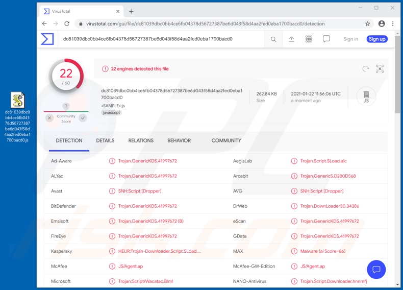 Rilevamenti di malware ViperSoftX su VirusTotal