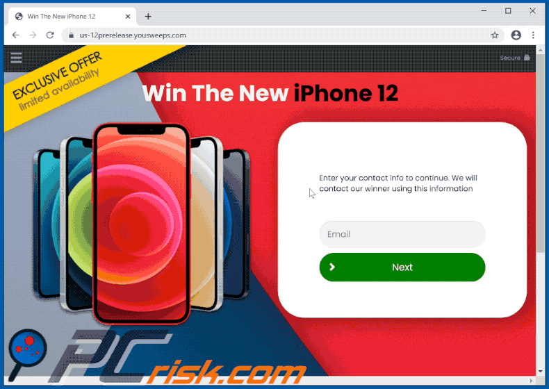 win the new iphone 12 pop-up aspetto della truffa