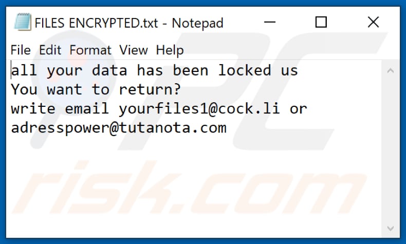 file di testo yoAD ransomware (FILES ENCRYPTED.txt)