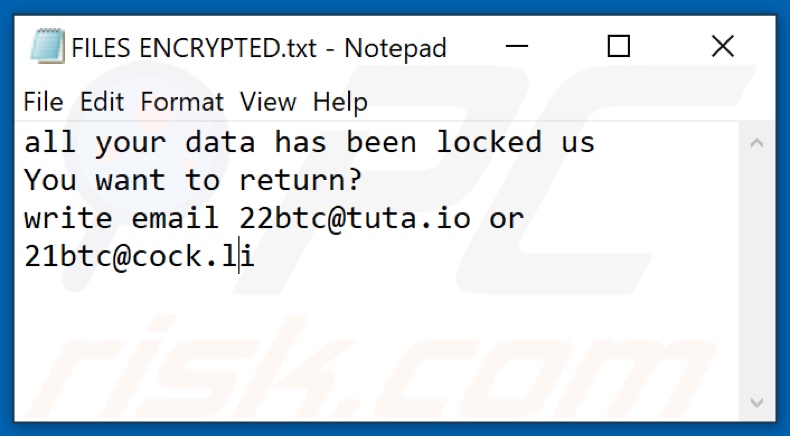 Screenshot del file di testo di 22btc ransomware (FILES ENCRYPTED.txt)