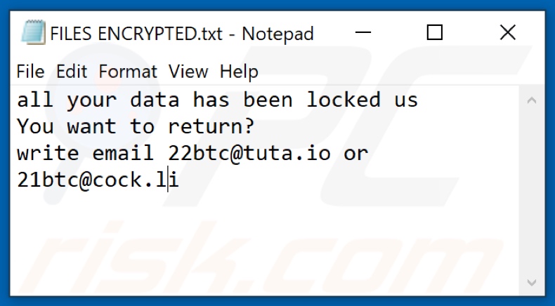 Screenshot del file di testo di 22btc ransomware (FILES ENCRYPTED.txt)