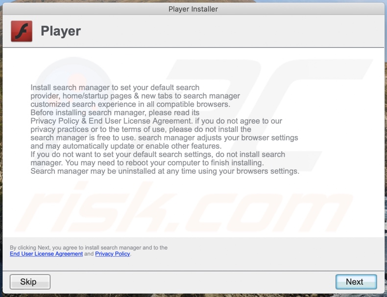 Screenshot del programma di installazione ingannevole (falso programma di aggiornamento di Flash Player) utilizzato per distribuire l'adware ApolloSearch;  Secondo passaggio di installazione: