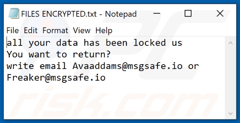 Screenshot del file di testo di Avaad (FILES ENCRYPTED.txt)