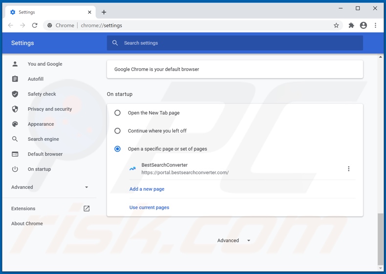 Rimozione di bestsearchconverter.com dalla home page di Google Chrome