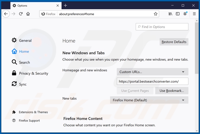 Rimozione di bestsearchconverter.com dalla home page di Mozilla Firefox