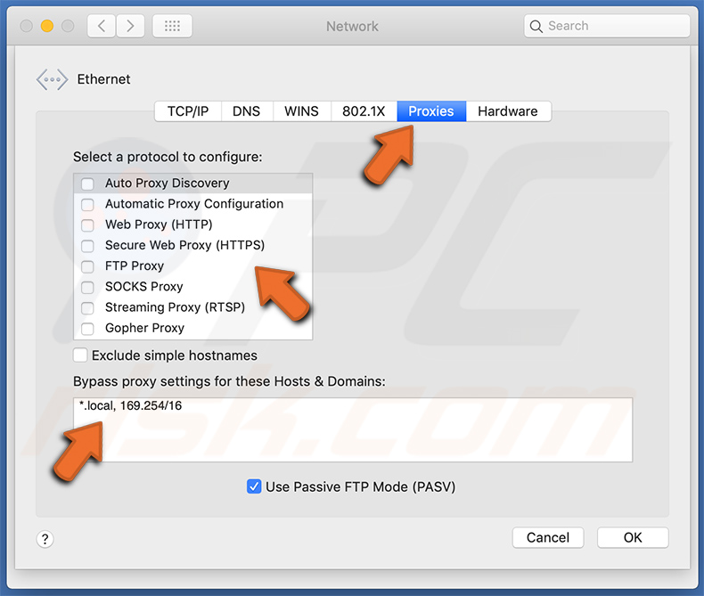 Modifica delle impostazioni del proxy: deselezionare tutte le opzioni e impostare le impostazioni predefinite