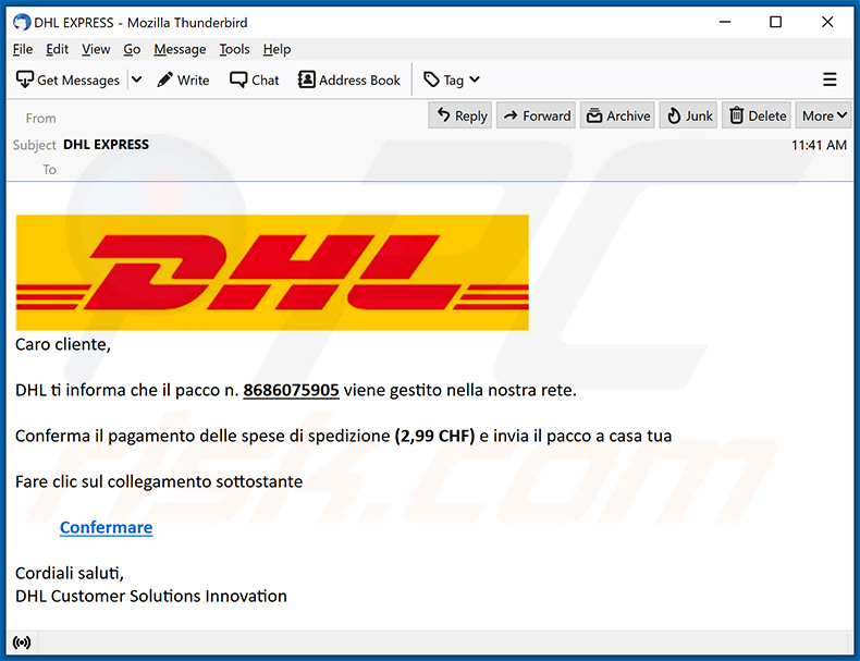 Una variante italiana dell'e-mail di spam DHL Express utilizzata per promuovere un sito Web di phishing