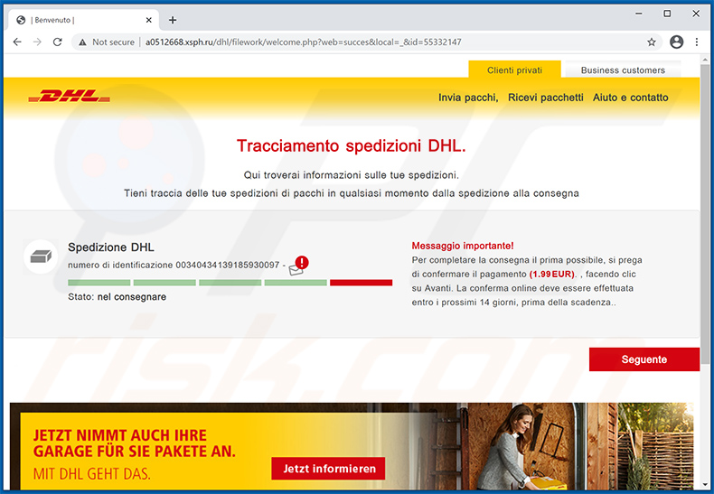 Screenshot del sito di phishing promosso DHL