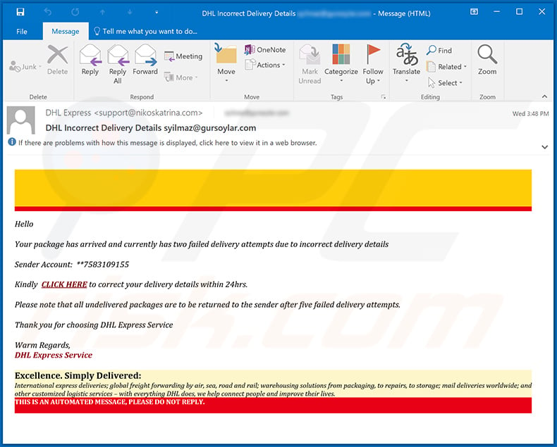 Un esempio di email spam a tema DHL Express utilizzata per diffondere un documento MS Excel dannoso (il collegamento all'interno di questa email scarica il documento) (2021-02-11)