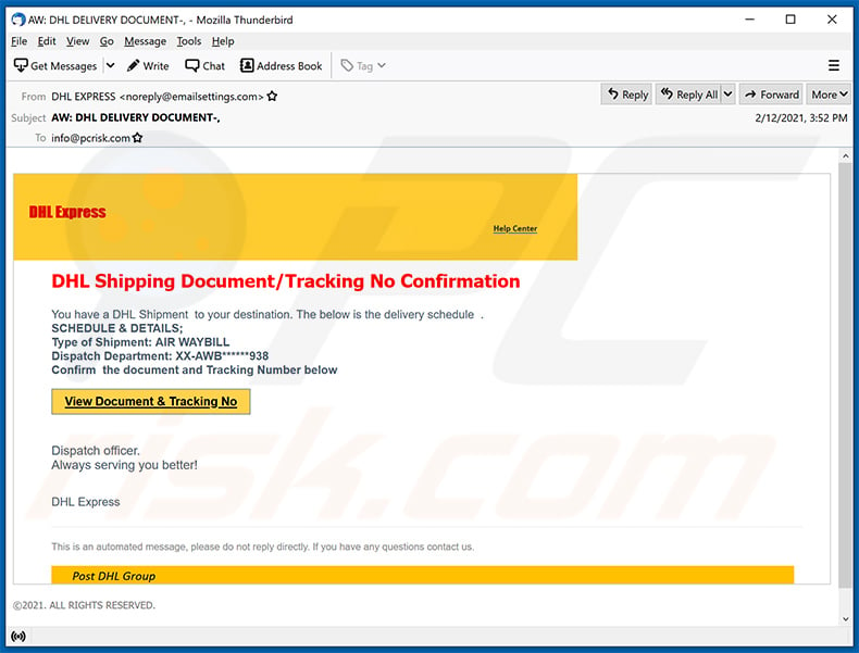 Un altro esempio di e-mail di spam a tema DHL Express utilizzata per promuovere un sito Web di phishing (2021-02-15)