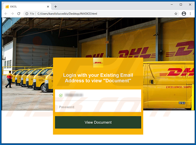 File HTML che imita il sito di accesso DHL utilizzato per scopi di phishing