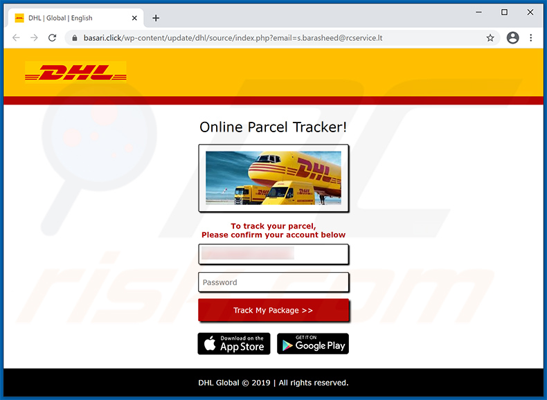 Sito Web di phishing promosso tramite e-mail di spam a tema DHL Express (2021-02-18)