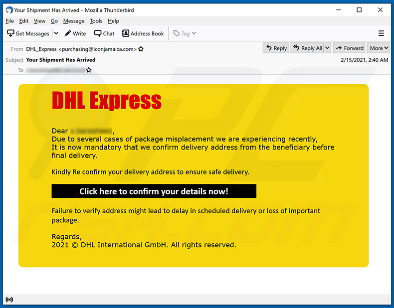 Email di spam DHL Express che promuove un sito di phishing(2021-02-18)