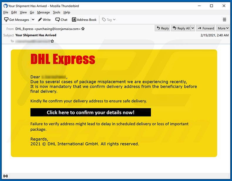 Email di spam DHL Express che promuove un sito di phishing(2021-02-18)