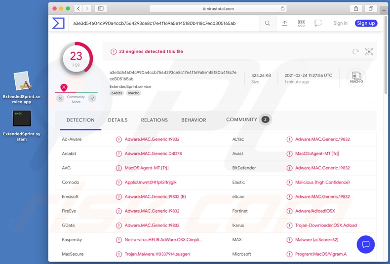 Rilevamenti di adware ExtendedSprint su VirusTotal