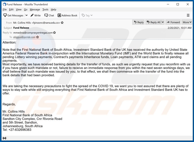 Fund Release truffa via e-mail