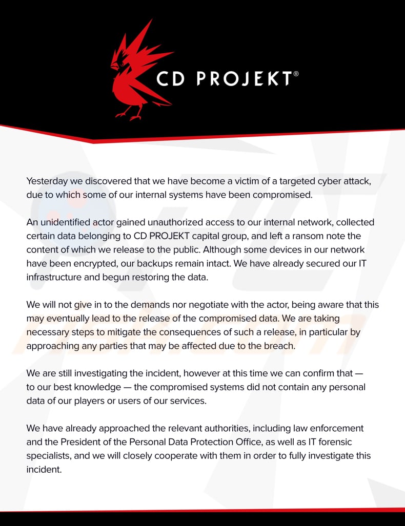 annuncio di CD Project rilasciato dopo un attacco ransomware di hellokitty ransomware announcement from cd project