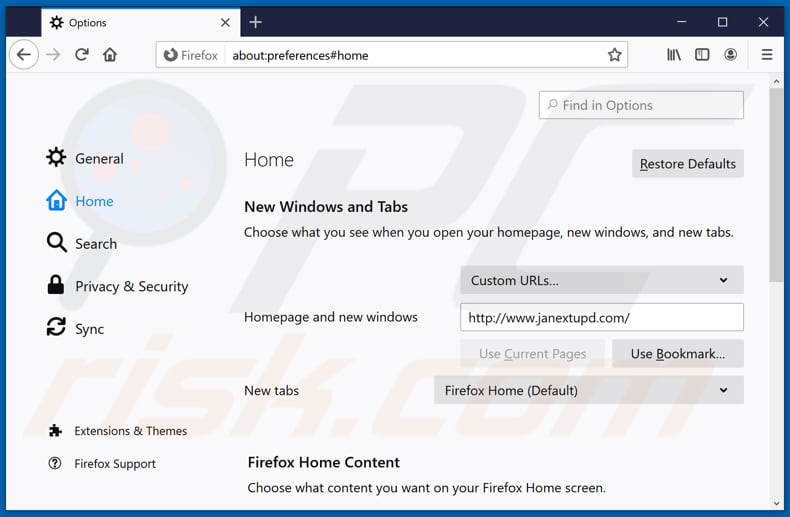 Rimozione di janextupd.com dalla home page di Mozilla Firefox