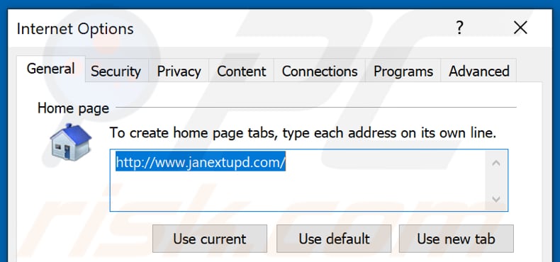 Rimozione di janextupd.com dalla home page di Internet Explorer