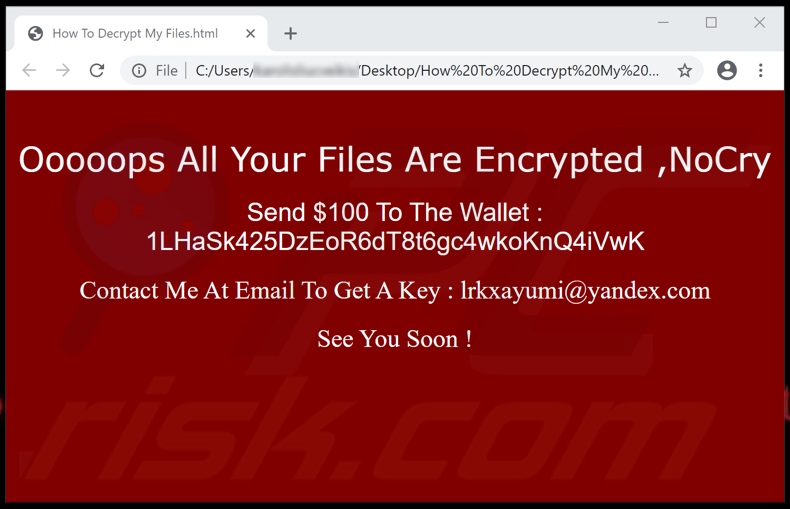 File html del ransomware NoCry (How To Decrypt My Files.html)