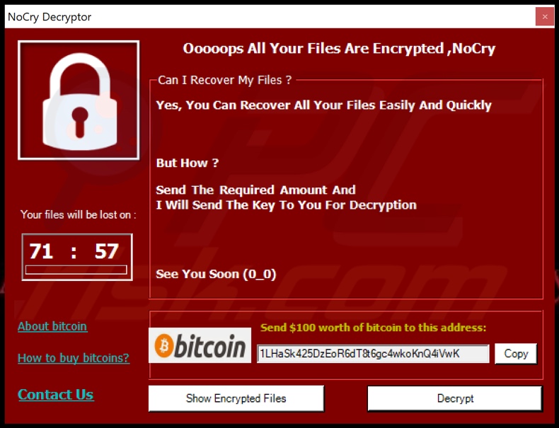 Richiesta di riscatto del ransomware NoCry (pop-up)