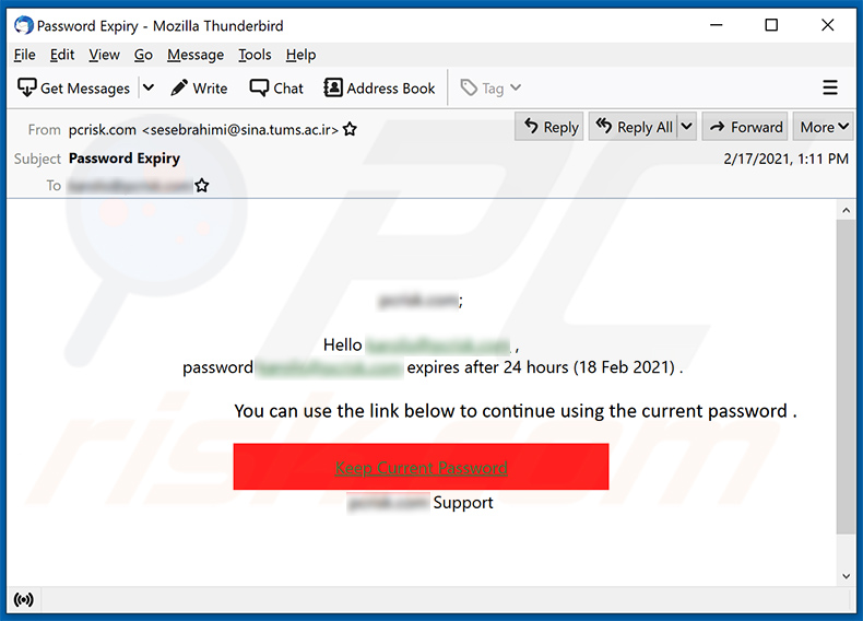Un altro esempio di e-mail di spam basata sulla scadenza della password (2021-02-18)