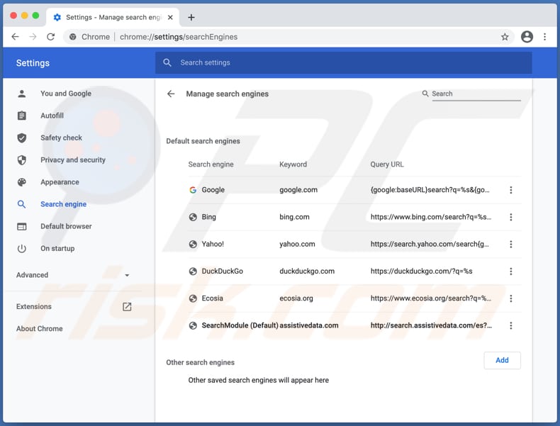 search.assistivedata.com dirottatore del browser su un computer Mac