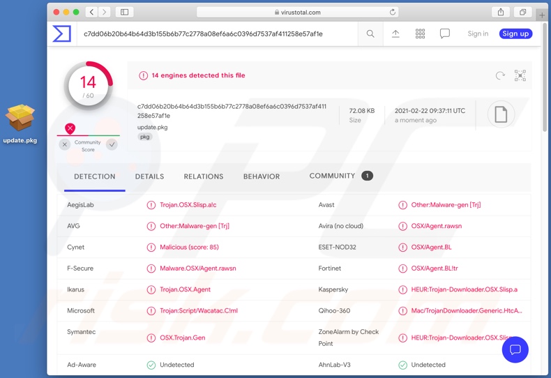 Rilevamenti di programmi di installazione di varianti alternative di malware Silver Sparrow su VirusTotal