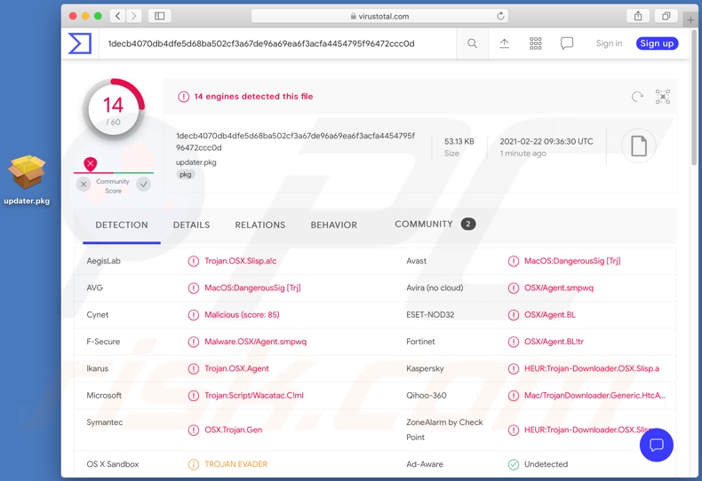 Rilevamenti VirusTotal di un programma di installazione contenente una variante del malware Silver Sparrow