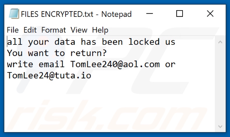 File di testo TomLe ransomware (FILES ENCRYPTED.txt)