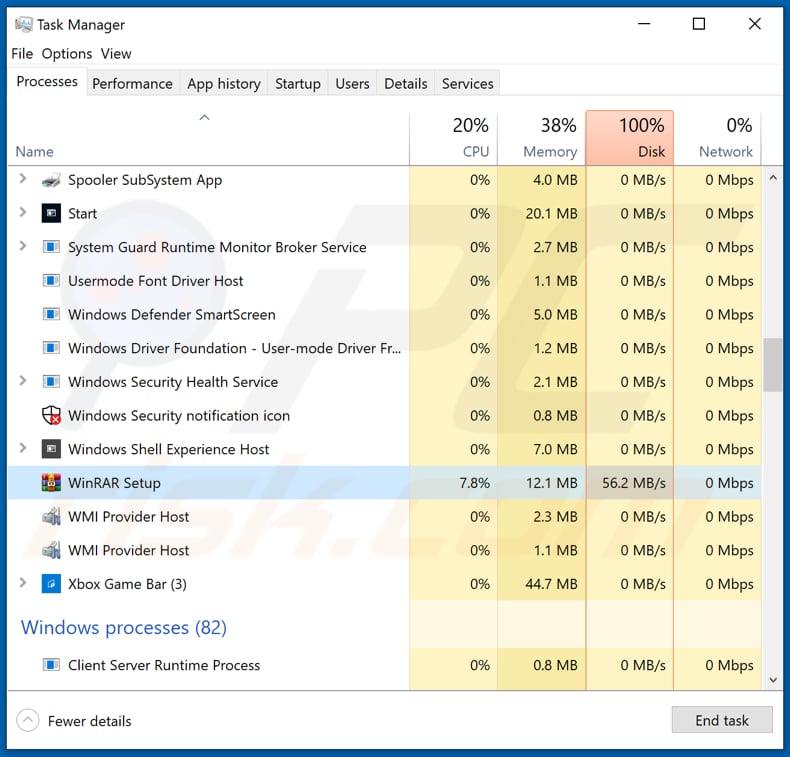 vovalex ransomware processo di installazione di winrar dannoso nel task manager