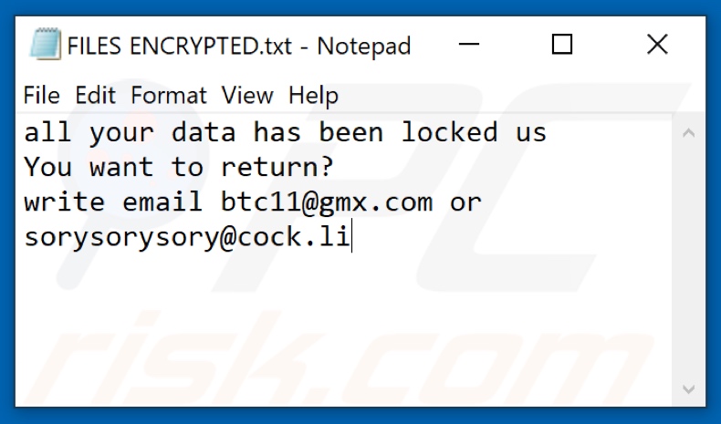 File di testo ransomware Wcg (FILES ENCRYPTED.txt)