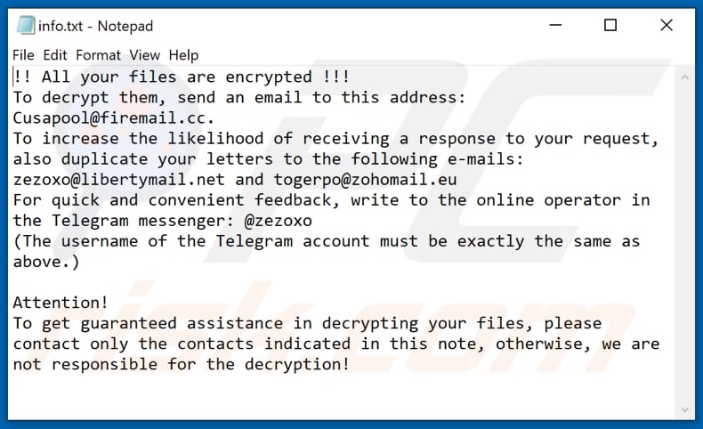 File di testo ransomware Acuna (info.txt)
