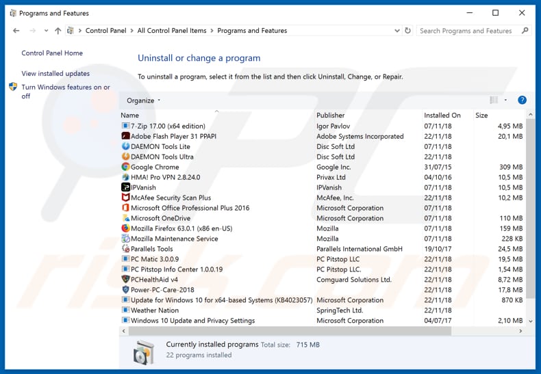 allowsuccess[.]org adware disinstallare tramite il pannello di controllo