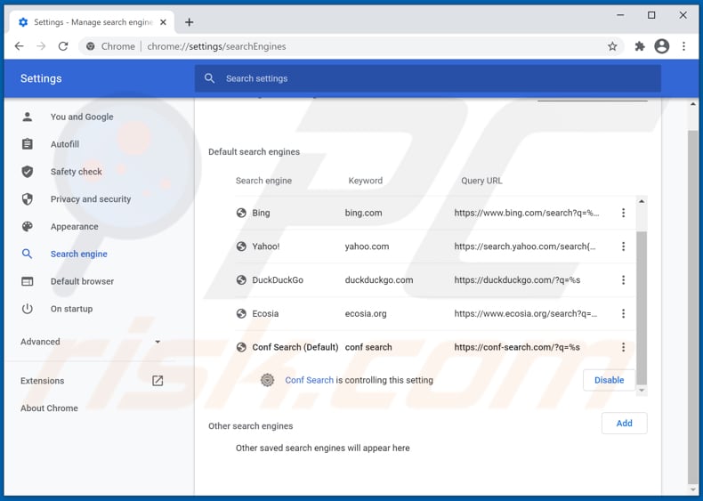 Rimozione di conf-search.com dal motore di ricerca predefinito di Google Chrome