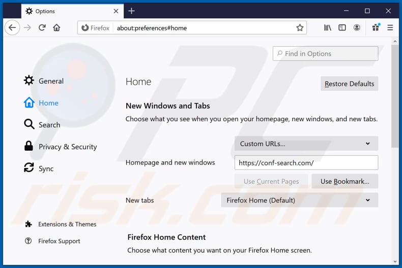 Rimozione di conf-search.com dalla home page di Mozilla Firefox