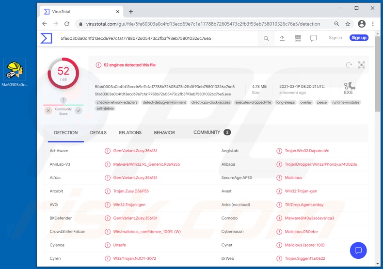 Rilevamenti di malware CopperStealer su VirusTotal